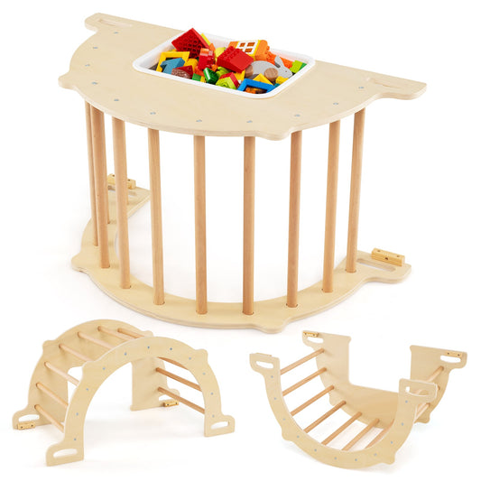 Kids Climbing Arch Sensory Table with a removable bin filled with colourful toys