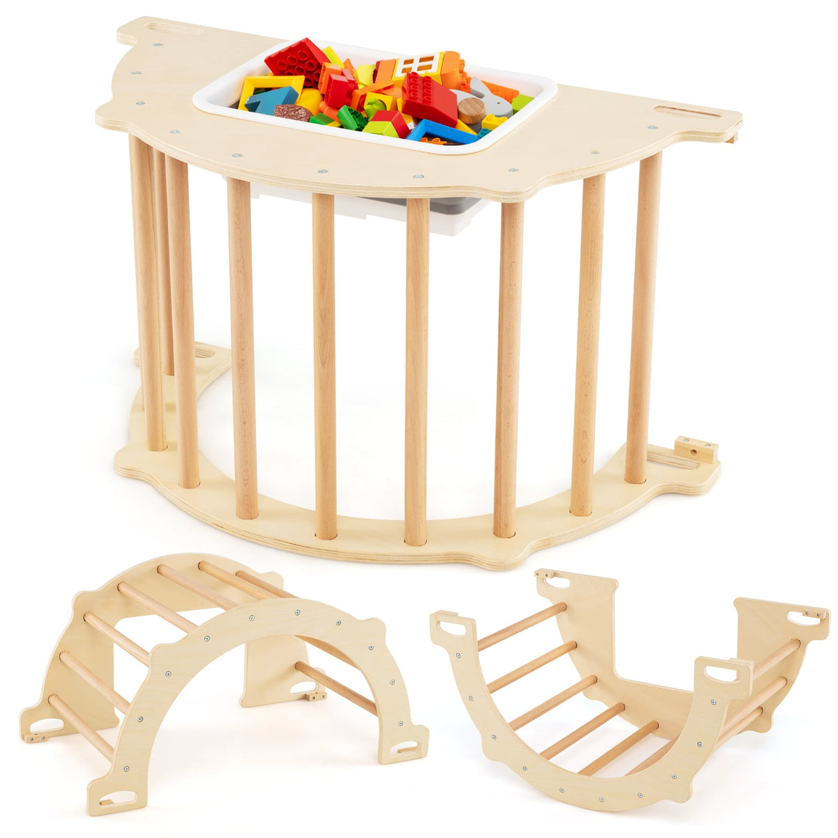 Kids Climbing Arch Sensory Table with a removable bin filled with colourful toys and two wooden climbing accessories