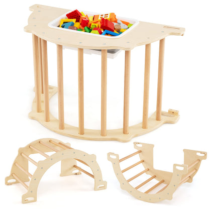Kids Climbing Arch Sensory Table with a removable bin filled with colourful toys and two wooden climbing accessories