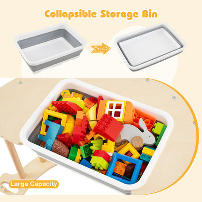 Collapsible storage bin shown both expanded and folded flat, next to a bin full of toys