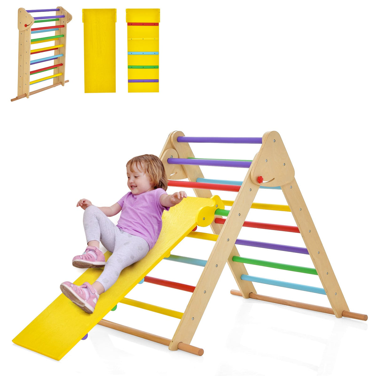 Kids Climbing Triangle Set with Adjustable and Reversible Ramp is shown with a child sliding down the ramp