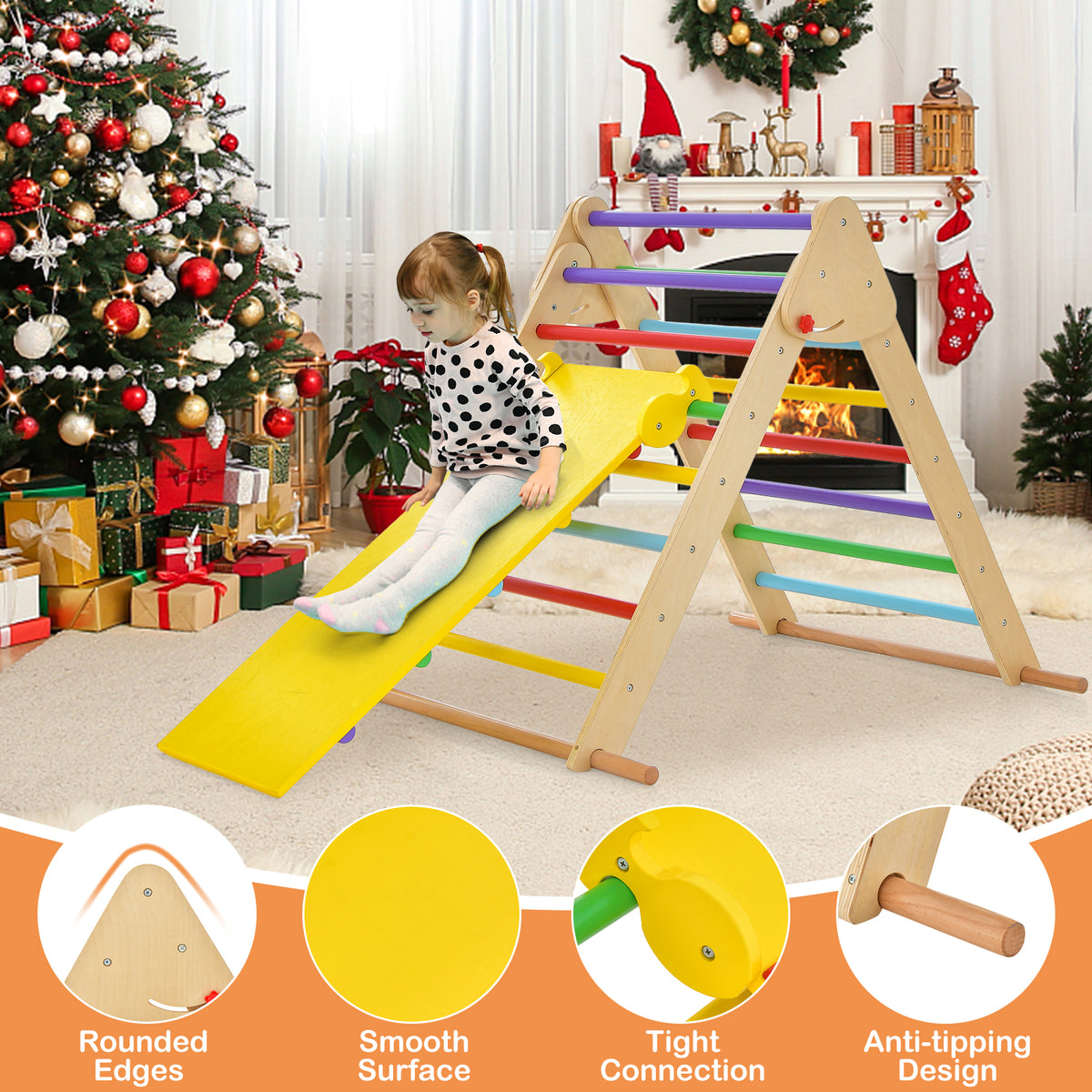 Close up details of the climbing frame showing rounded edges and smooth surfaces