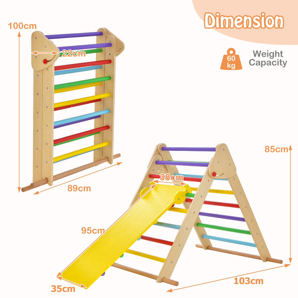 Dimension diagram showing the size of the climbing frame and ramp