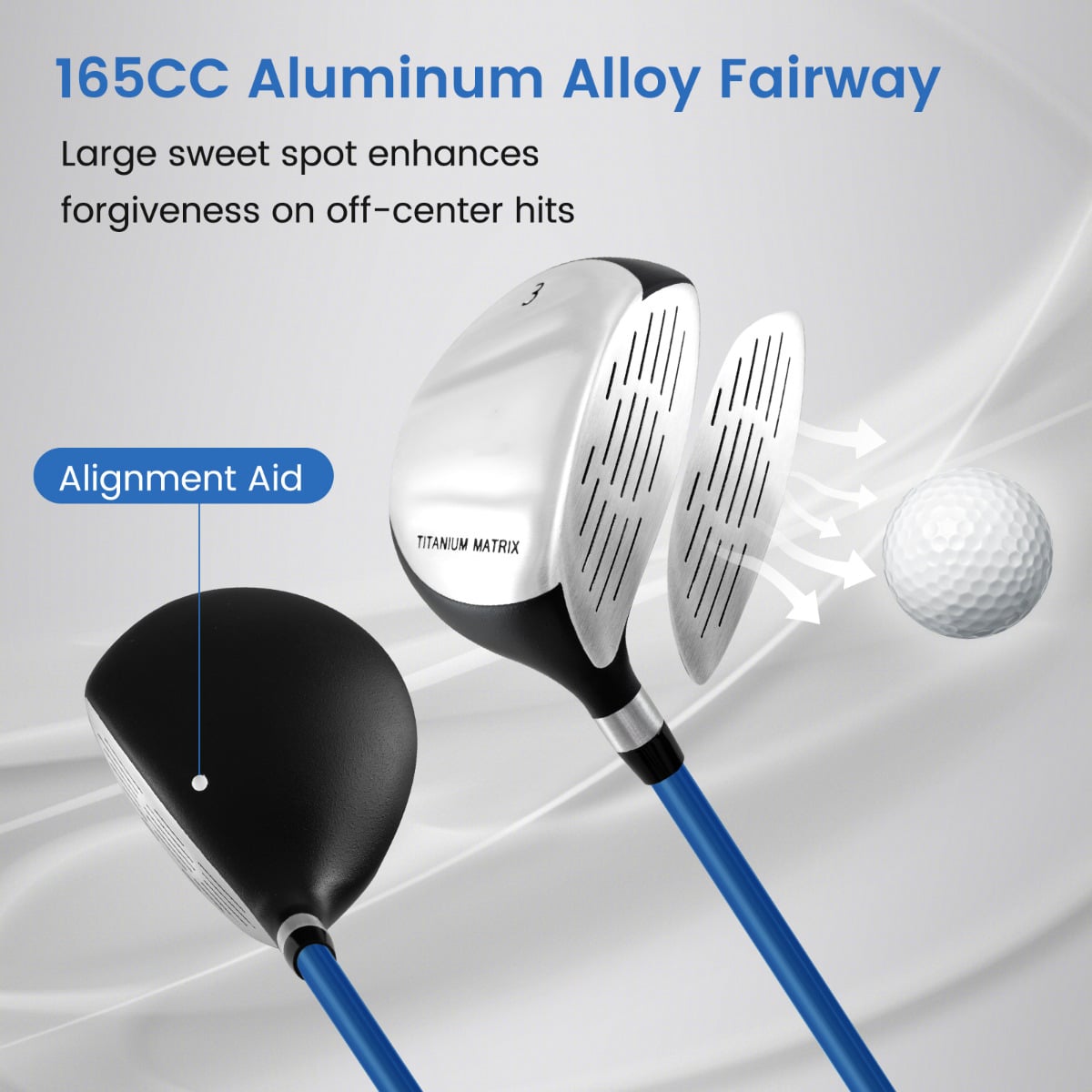 Close-up of the fairway wood with alignment aid for the golf clubs