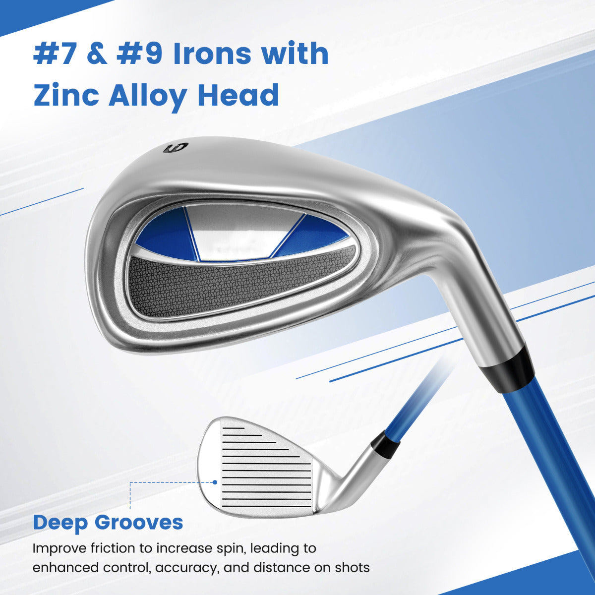 Close-up of the irons with deep grooves for the golf clubs
