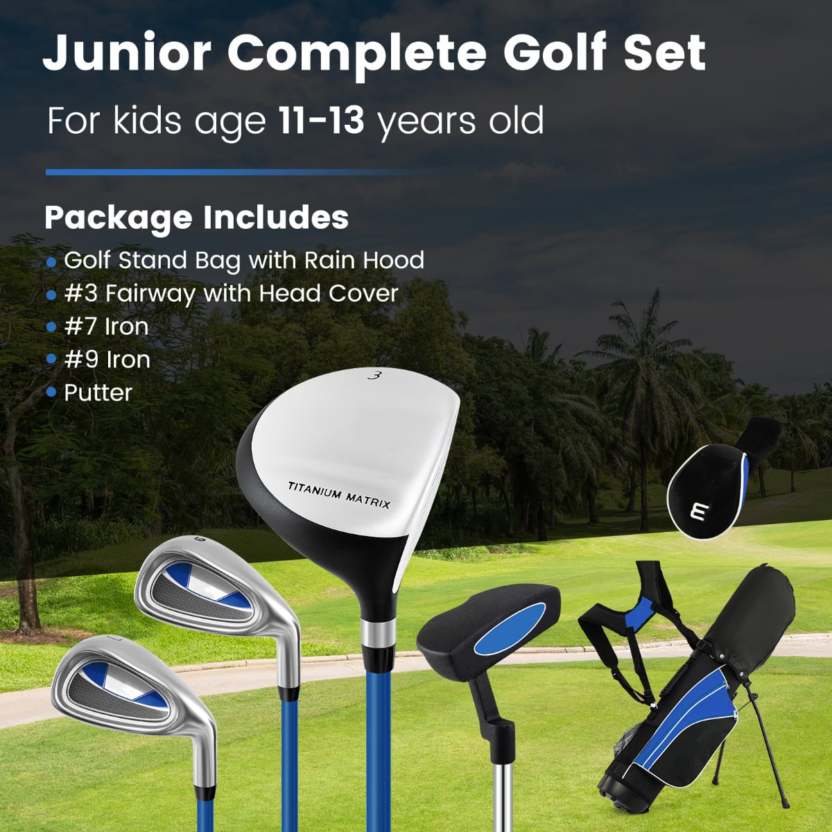 Junior complete golf set including stand bag, fairway wood, irons and putter