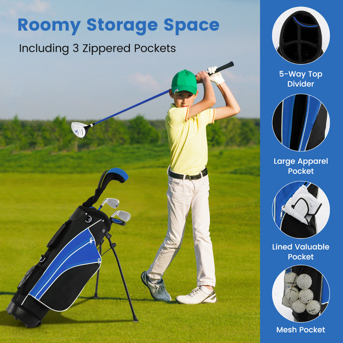 Boy using the golf clubs set with stand bag on a golf course