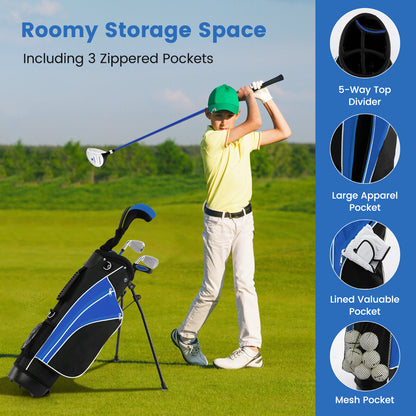 Boy using the golf clubs set with stand bag on a golf course