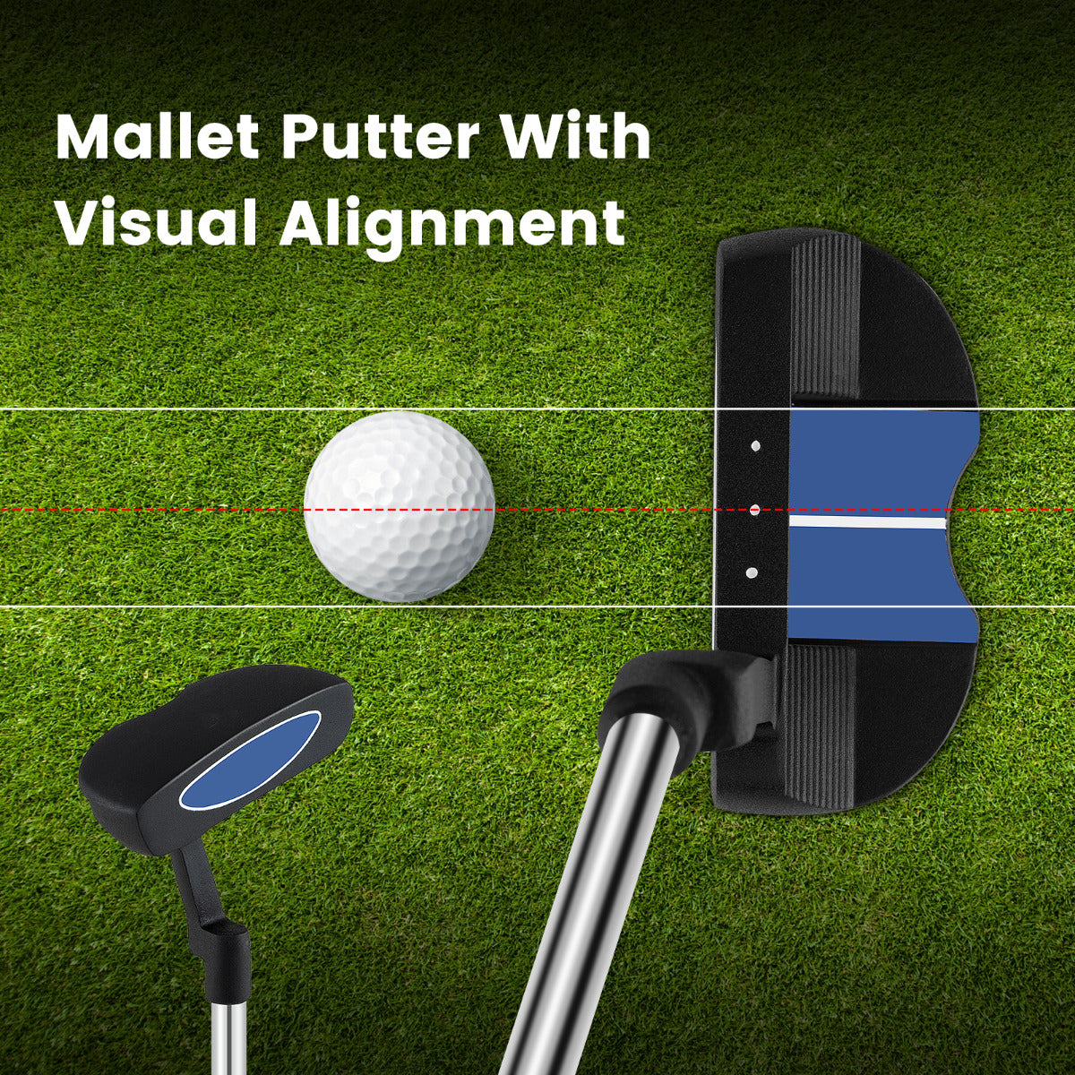 Mallet putter with visual alignment aid for the golf set
