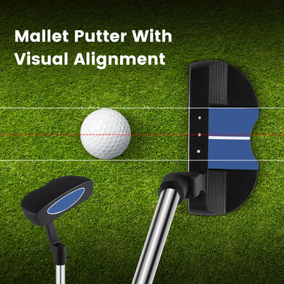 Mallet putter with visual alignment aid for the golf set