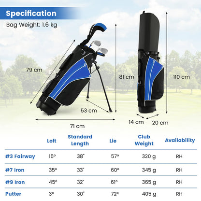 Dimensions and specifications for the junior golf clubs set