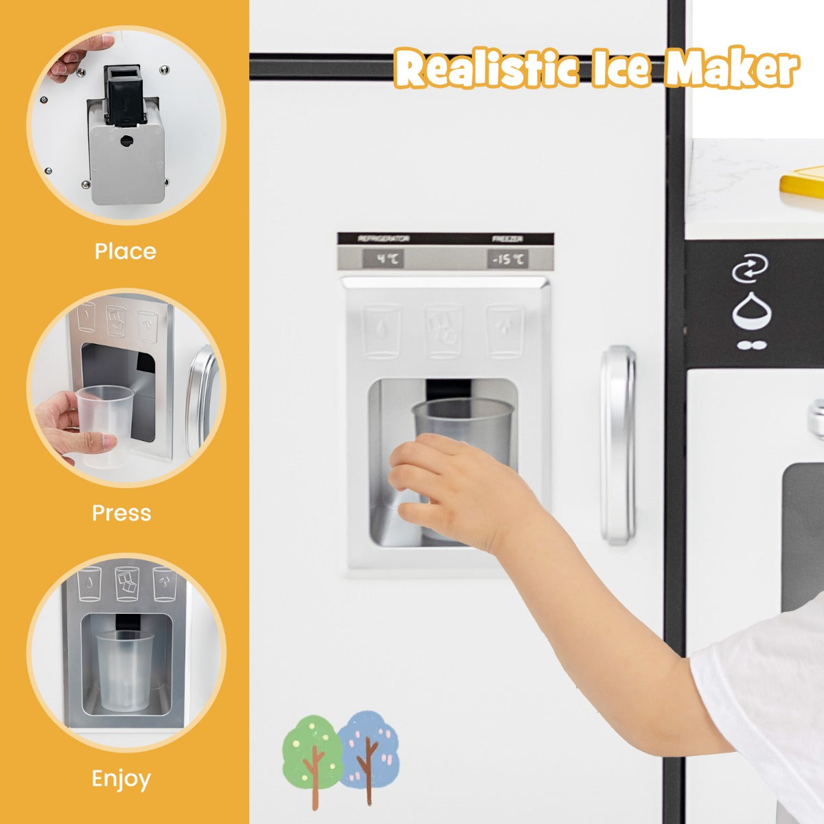 a child using the ice dispenser on the fridge door of the play kitchen set