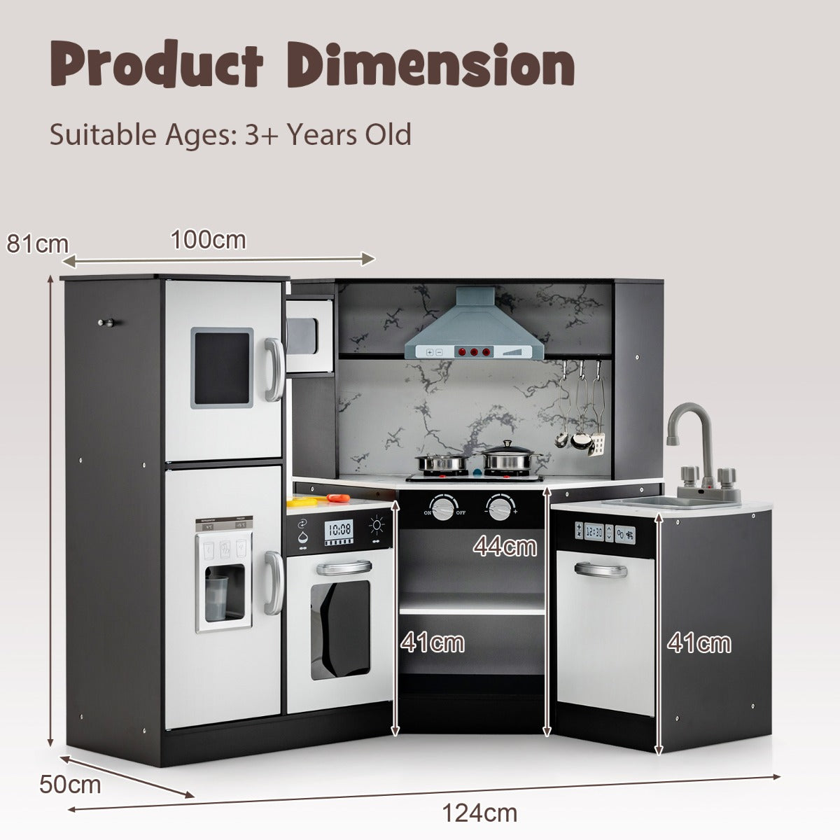 The corner kitchen set showing various dimensions with arrows and labels
