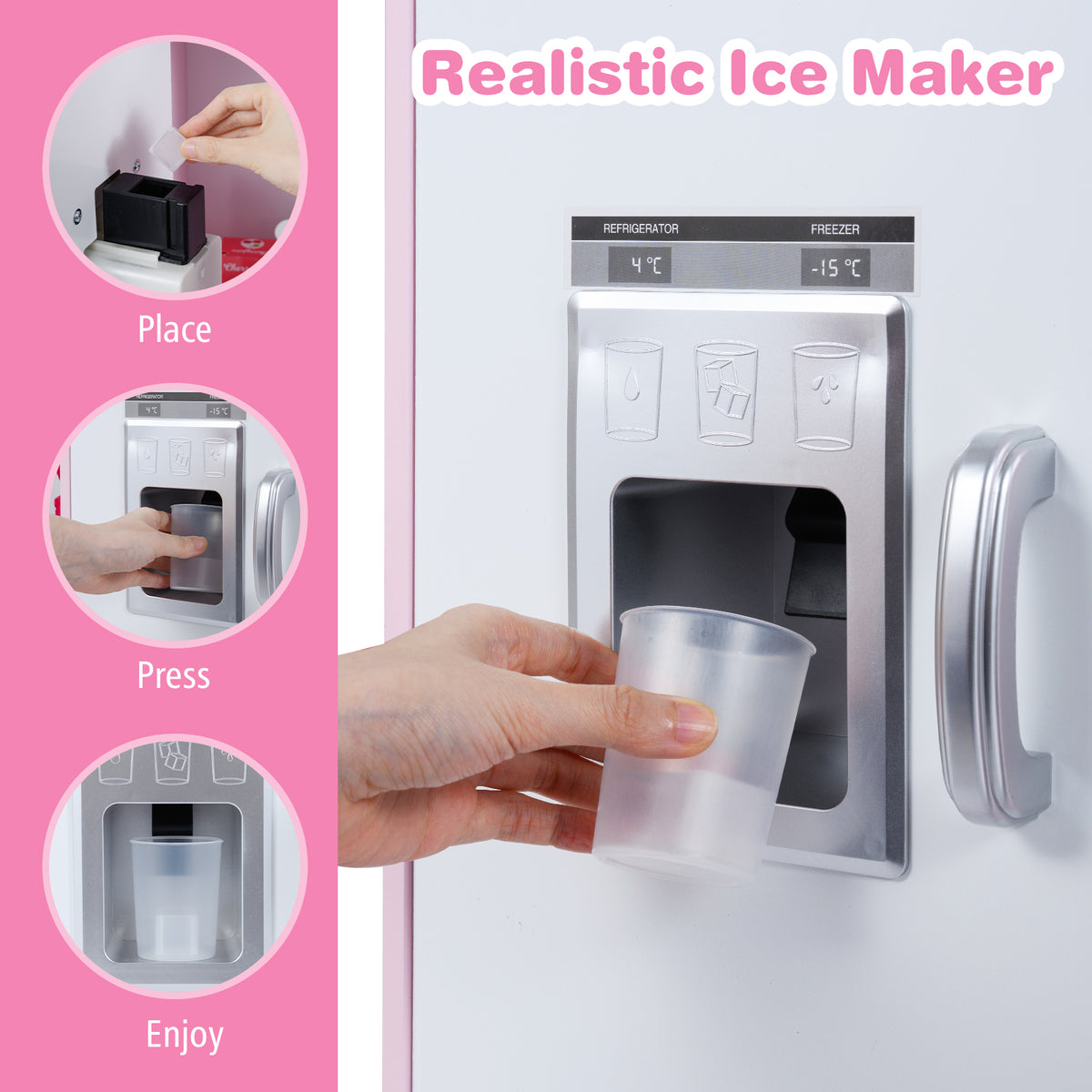 Close up of the realistic ice maker on the pink corner kitchen playset