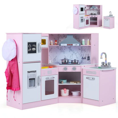 Kids Corner Kitchen Playset with Separated Washing Basin in pink and white with a fridge, oven and hob