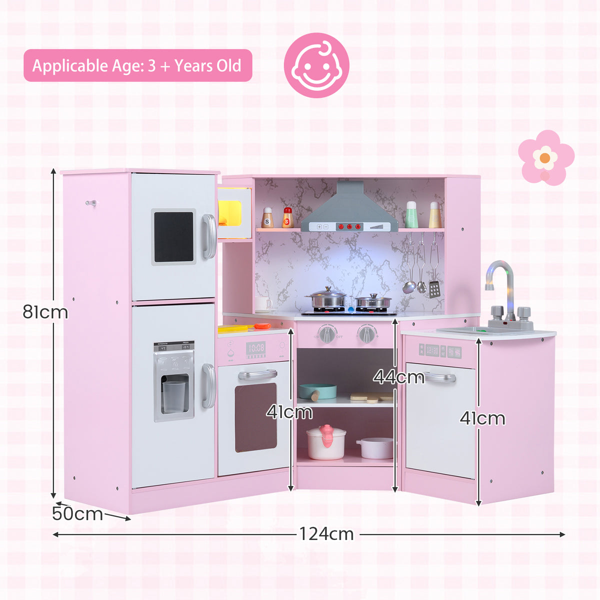 Pink corner kitchen playset with dimensions shown for height and width