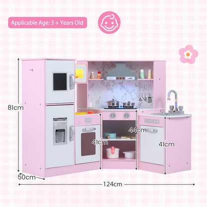 Pink corner kitchen playset with dimensions shown for height and width