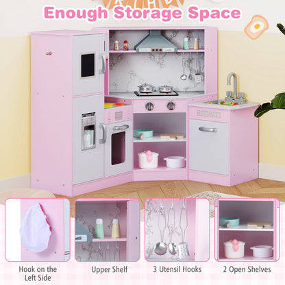 Storage options on the pink corner kitchen playset including shelves and hooks