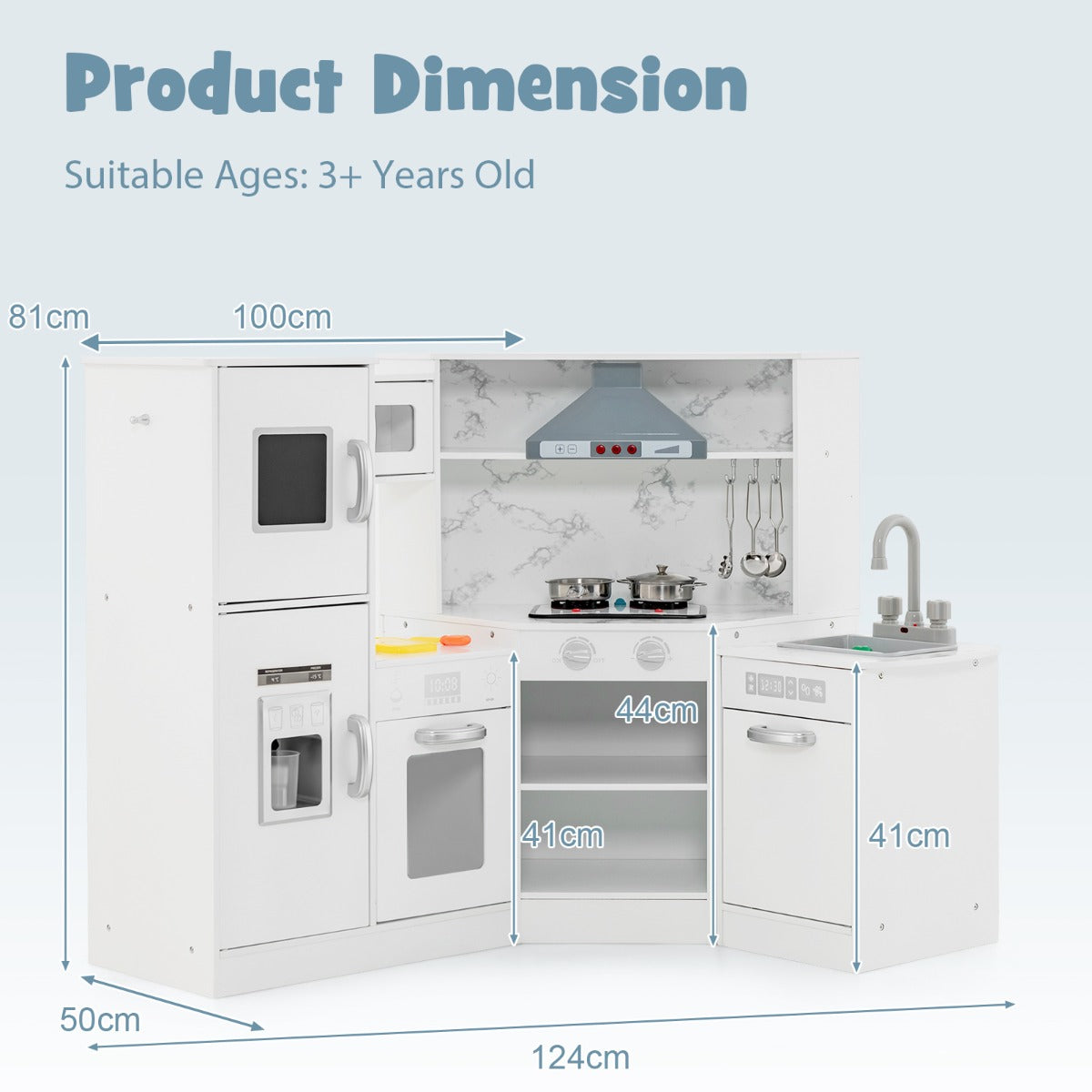 Product dimension diagram for the white corner play kitchen set with a washing basin