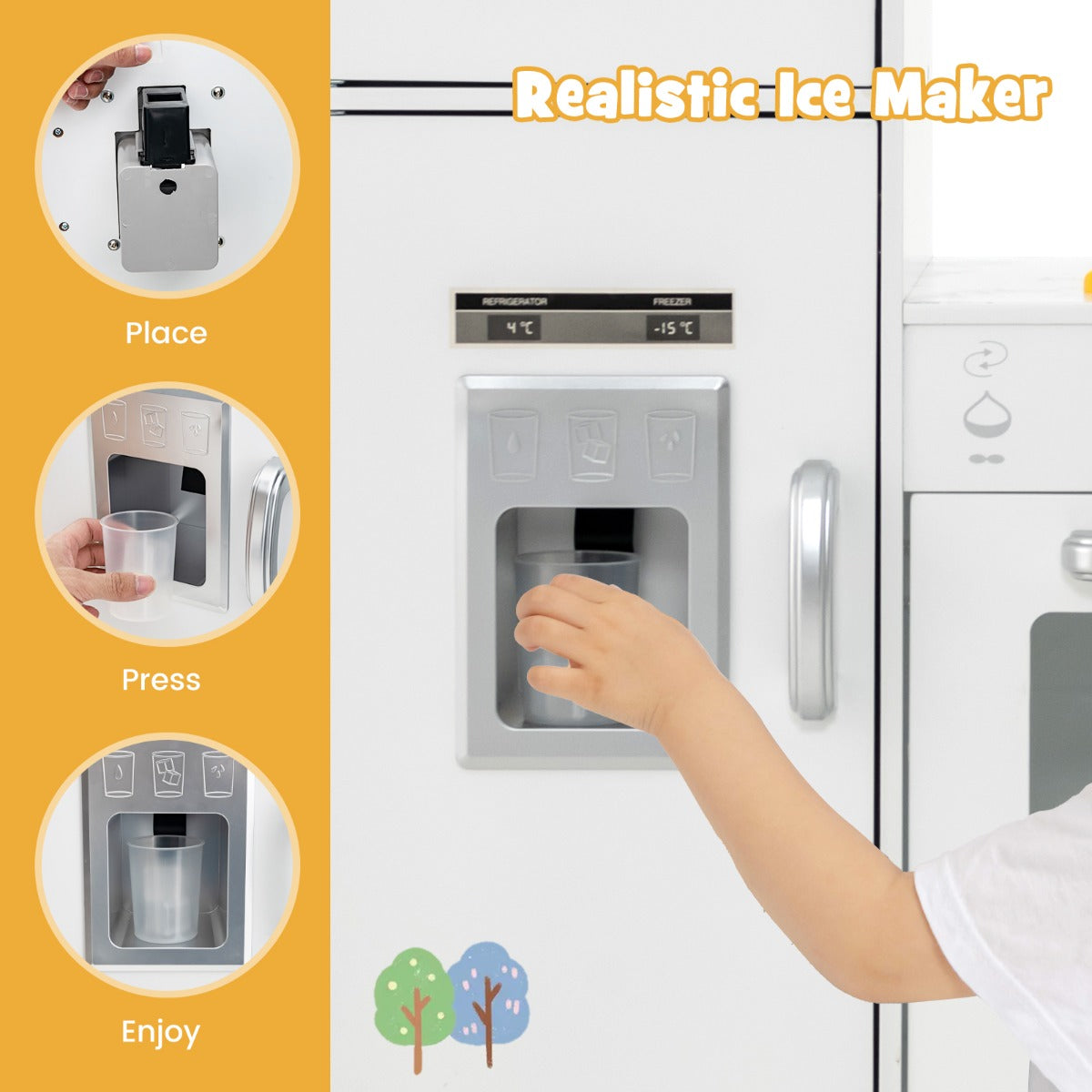 Close-up of the realistic ice maker feature on the play kitchen set