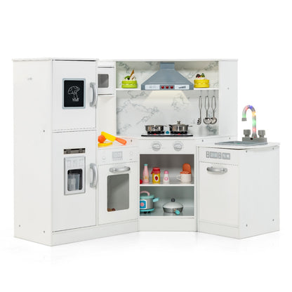 Kids Corner Kitchen Playset with Separated Washing Basin, a white corner kitchen with oven, hob, sink and fridge