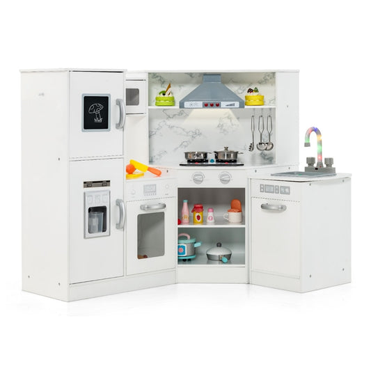 Kids Corner Kitchen Playset with Separated Washing Basin, a white corner kitchen with oven, hob, sink and fridge