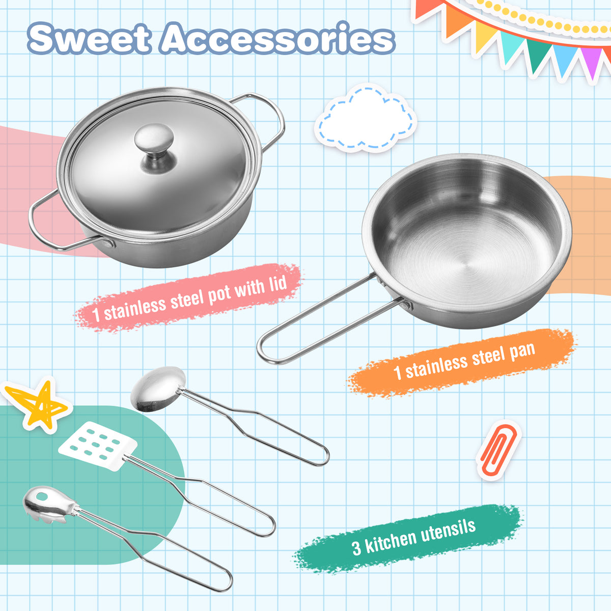 Accessories for the play kitchen including a steel pot with lid, pan and utensils