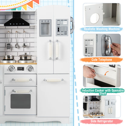 Close up of the washing machine, telephone and induction cooker features of the play kitchen
