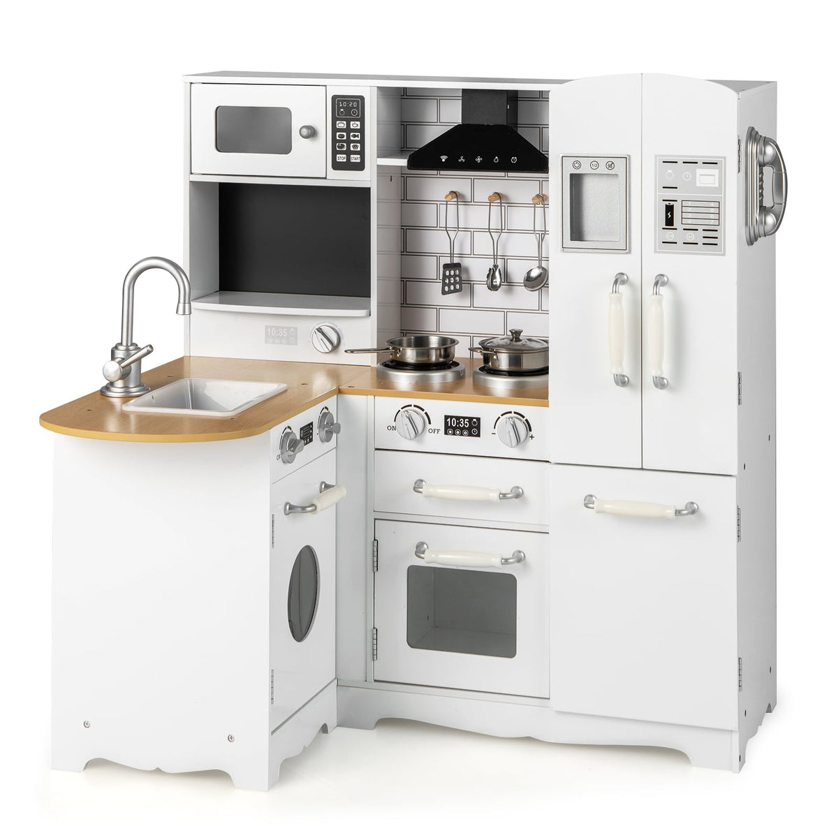Kid's Corner Kitchen Playset Wooden Play Kitchen with range hood, oven, microwave and fridge