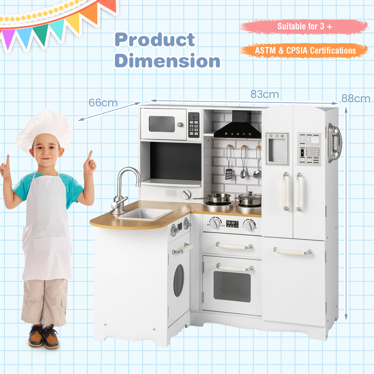 Product dimensions of the white wooden play kitchen with height, width and depth indicated