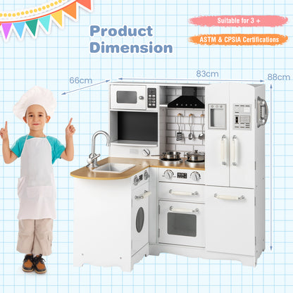 Product dimensions of the white wooden play kitchen with height, width and depth indicated