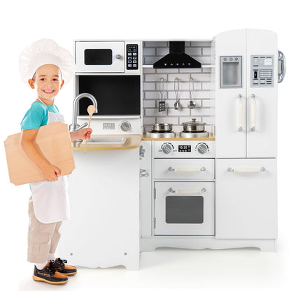 Kid's Corner Kitchen Playset Wooden Play Kitchen with Stove, a child in a chef's hat holds a wooden board next to the kitchen