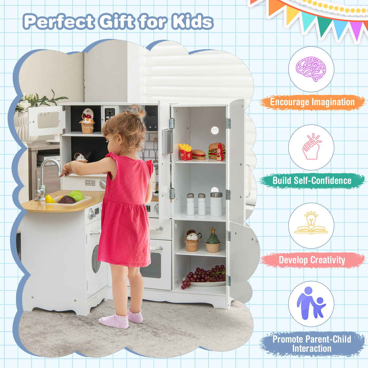 A girl plays with the wooden play kitchen, with text highlighting benefits for children