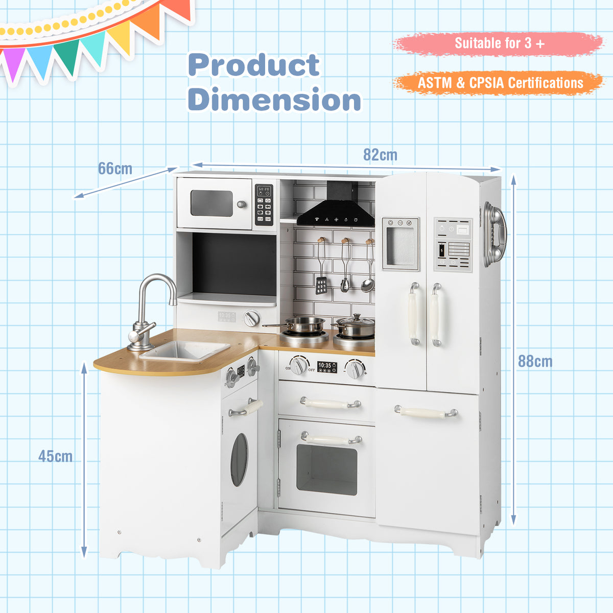 Product dimension diagram for the white wooden play kitchen set