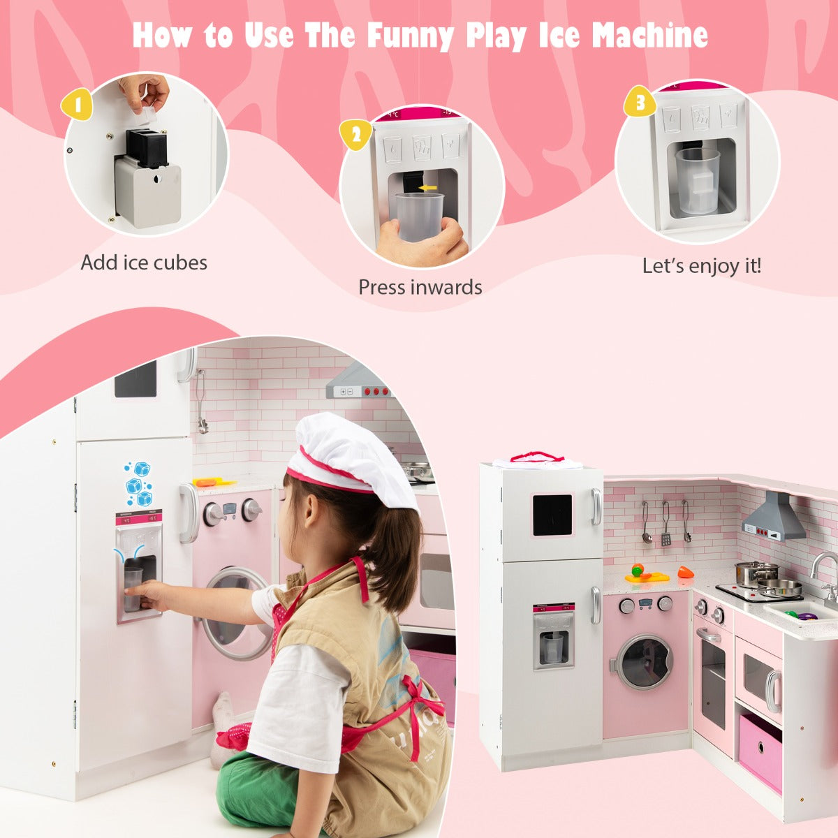 Instructions on how to use the play ice machine on the corner play kitchen