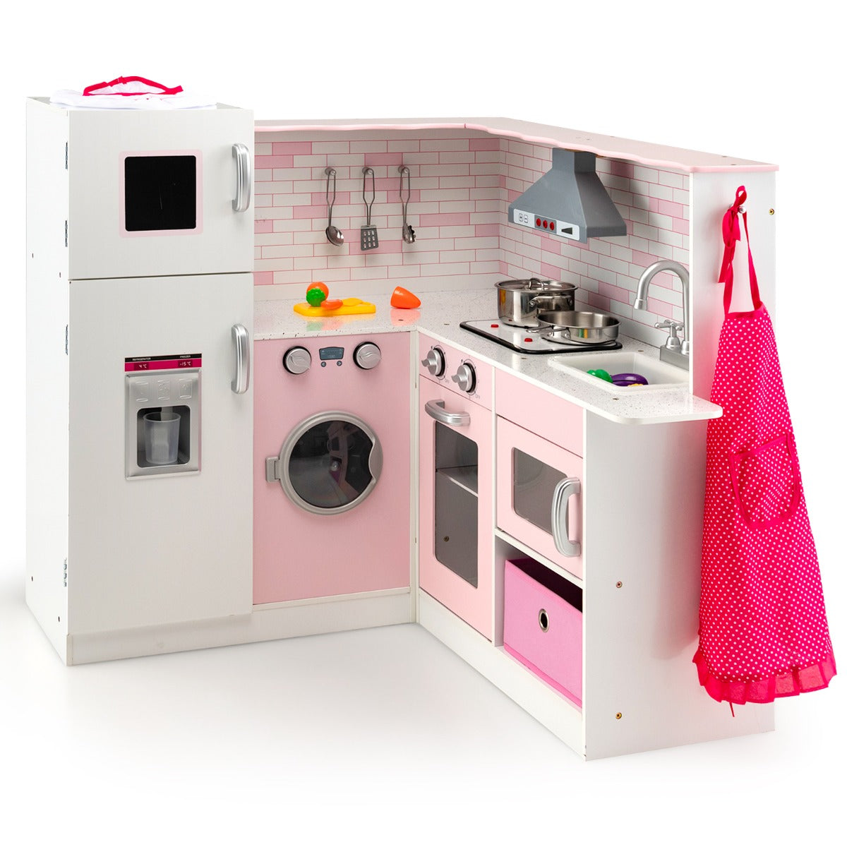 Kids Corner Play Kitchen with Apron and Chef Hat, a white and pink corner kitchen with oven, washing machine and sink