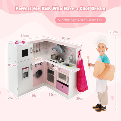A diagram showing the dimensions of the corner play kitchen with a child standing next to it