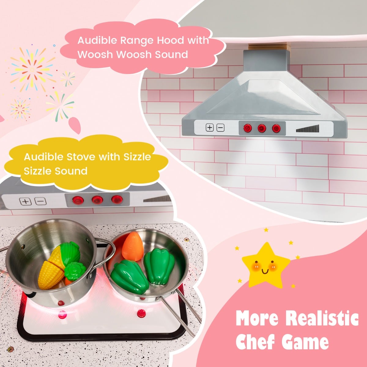 Close up of the play kitchen stove with pots and pans and the range hood