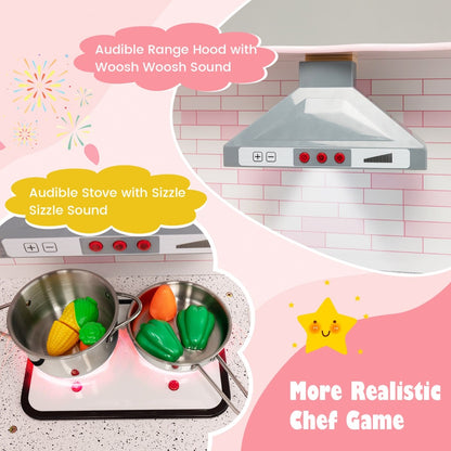 Close up of the play kitchen stove with pots and pans and the range hood