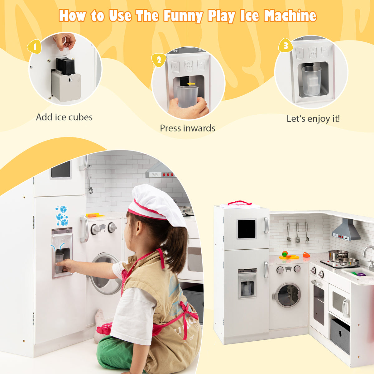 Instructions on how to use the play ice machine on the white play kitchen
