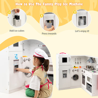 Instructions on how to use the play ice machine on the white play kitchen