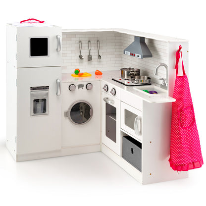 Kids Corner Play Kitchen with Apron and Chef Hat featuring a white unit with accessories