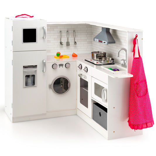 Kids Corner Play Kitchen with Apron and Chef Hat featuring a white unit with accessories