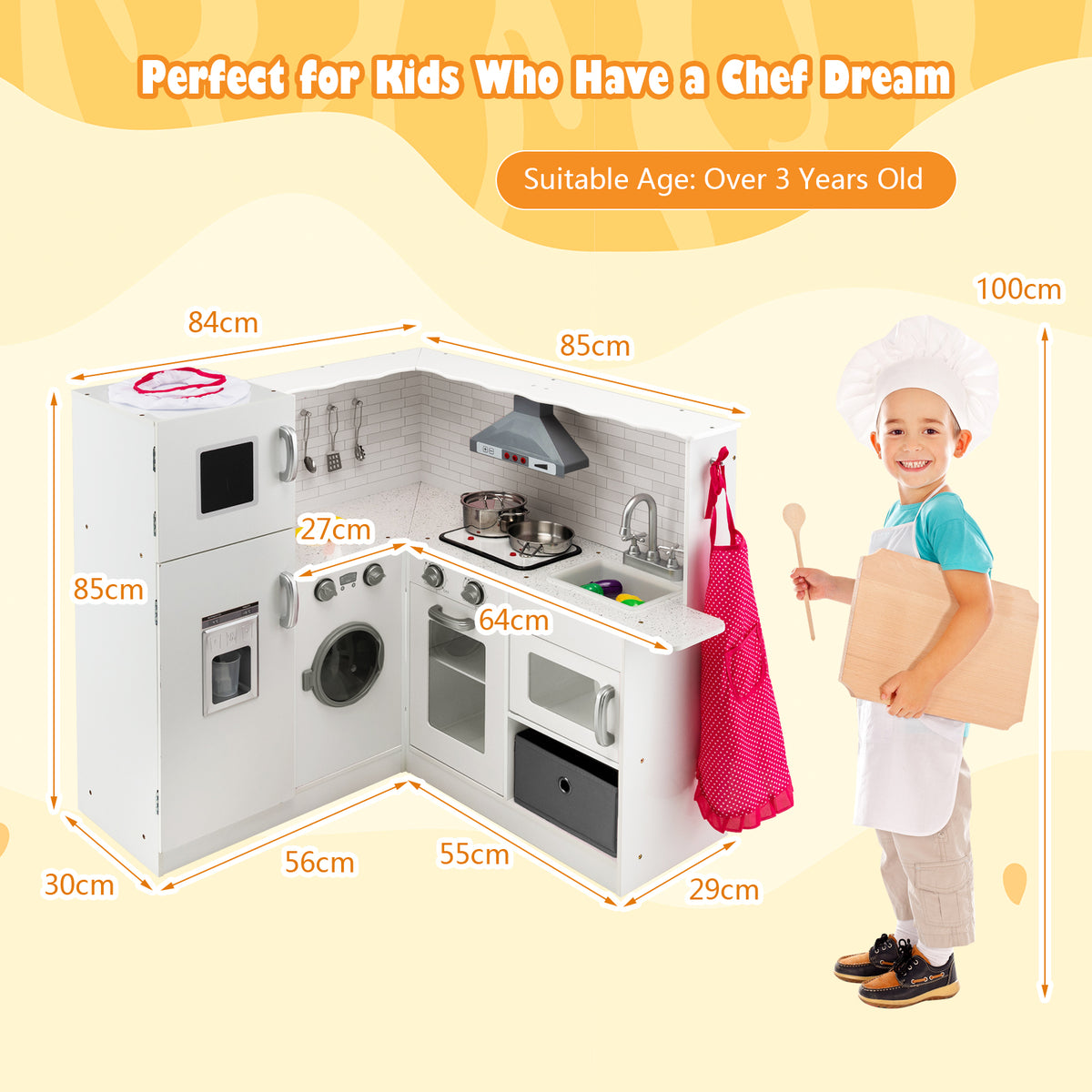 Dimensions of the white play kitchen set shown with a child for scale