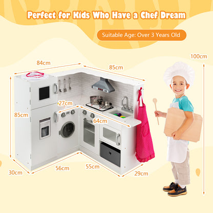 Dimensions of the white play kitchen set shown with a child for scale