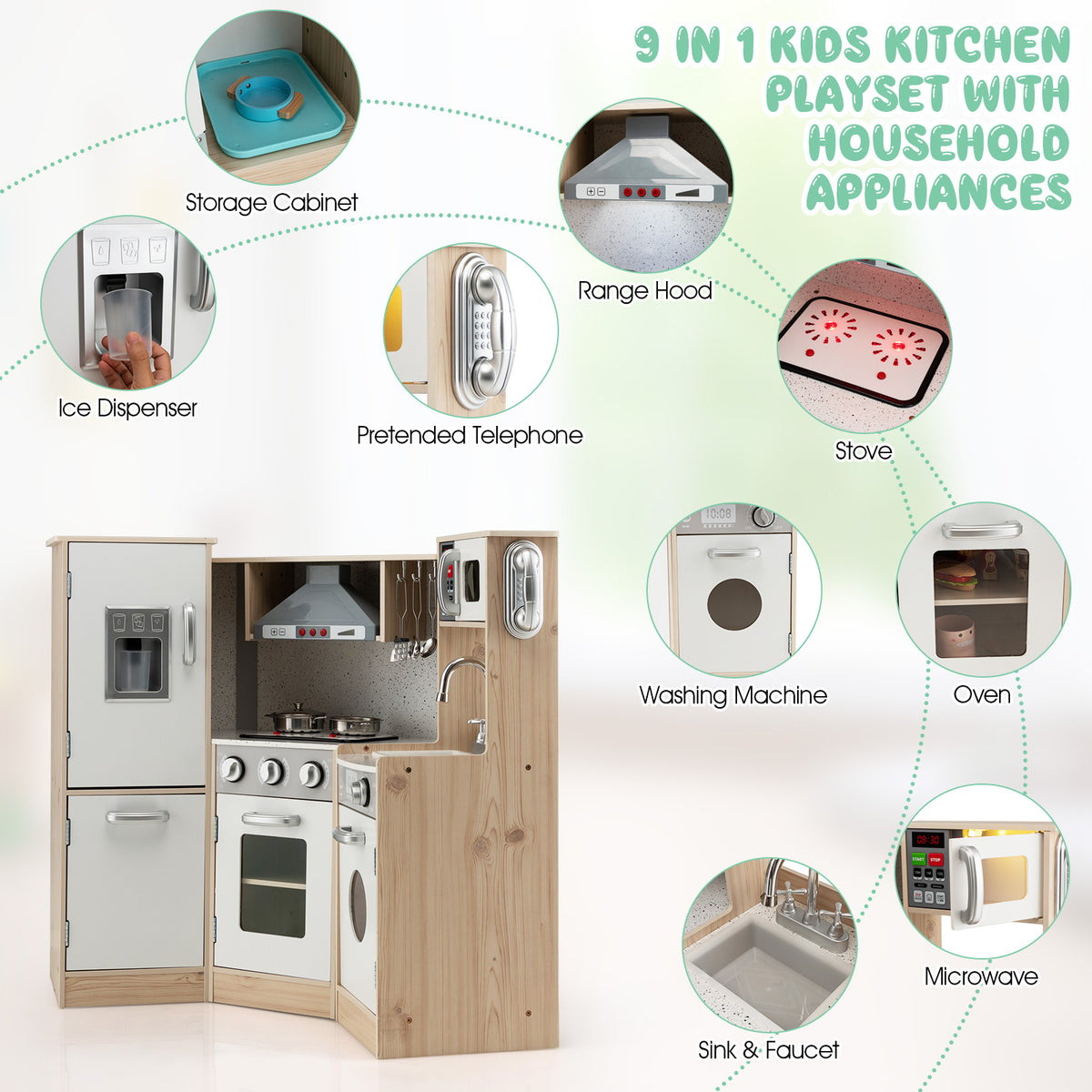 A detailed view of the wooden play kitchen set, showing all its appliances and accessories