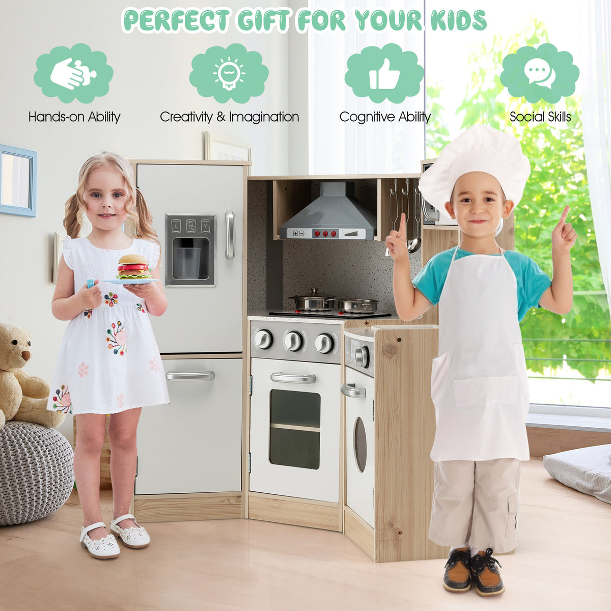 Two children interacting with the wooden play kitchen, highlighting its features for kids