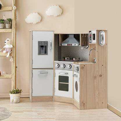 The wooden play kitchen set is shown in a child's bedroom with toys and decorations