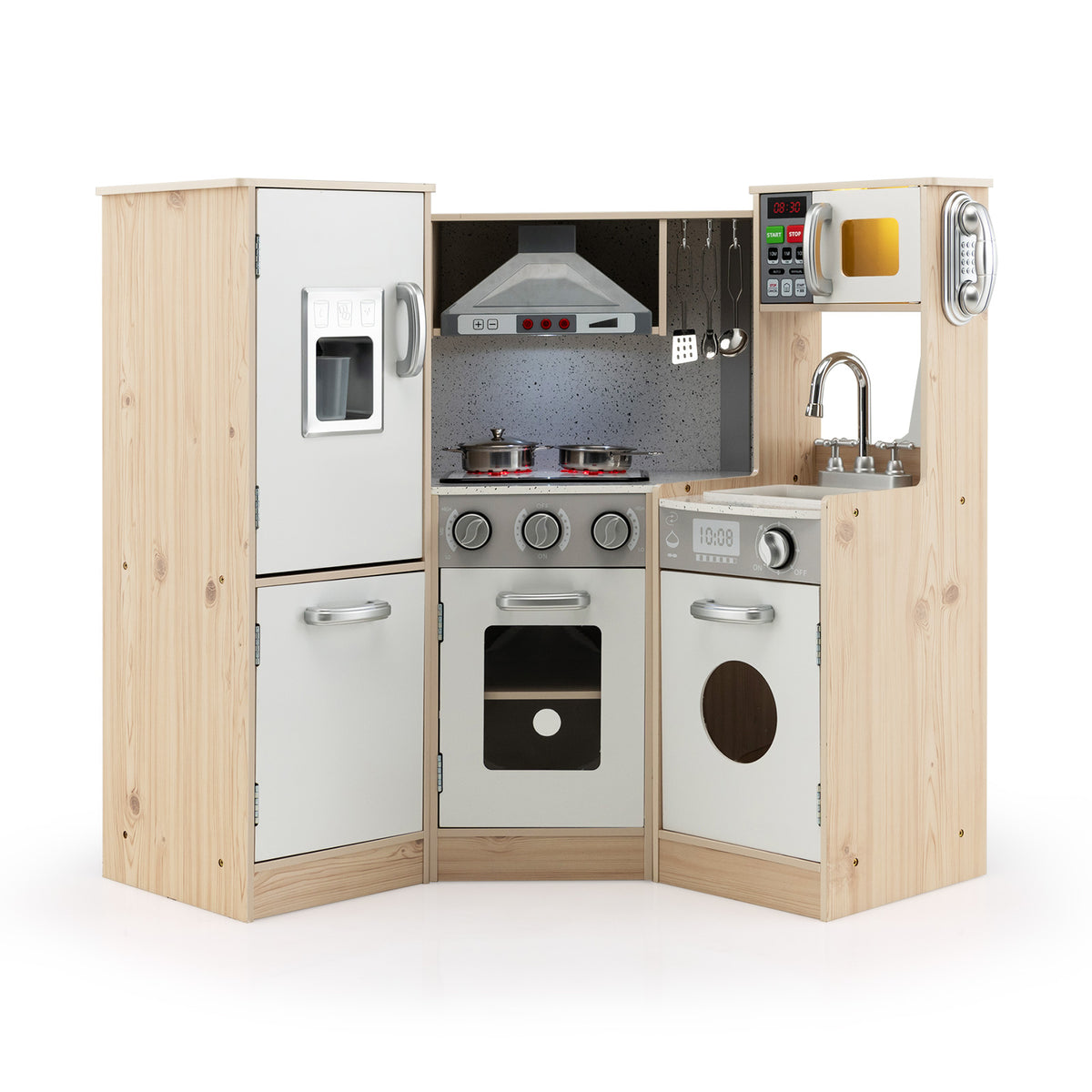 Kids Corner Wooden Kitchen Playset with Cookware Accessories, a corner unit with fridge, oven, hob and sink