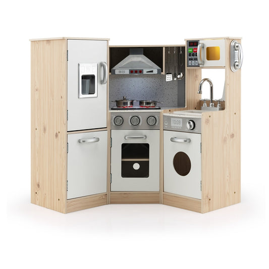 Kids Corner Wooden Kitchen Playset with Cookware Accessories, a corner unit with fridge, oven, hob and sink